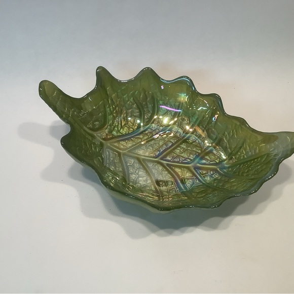 Akcam Glass Bowl Iridescent Frosted Leaf Shape Art Handmade Turkey Green Purple - Picture 7 of 14